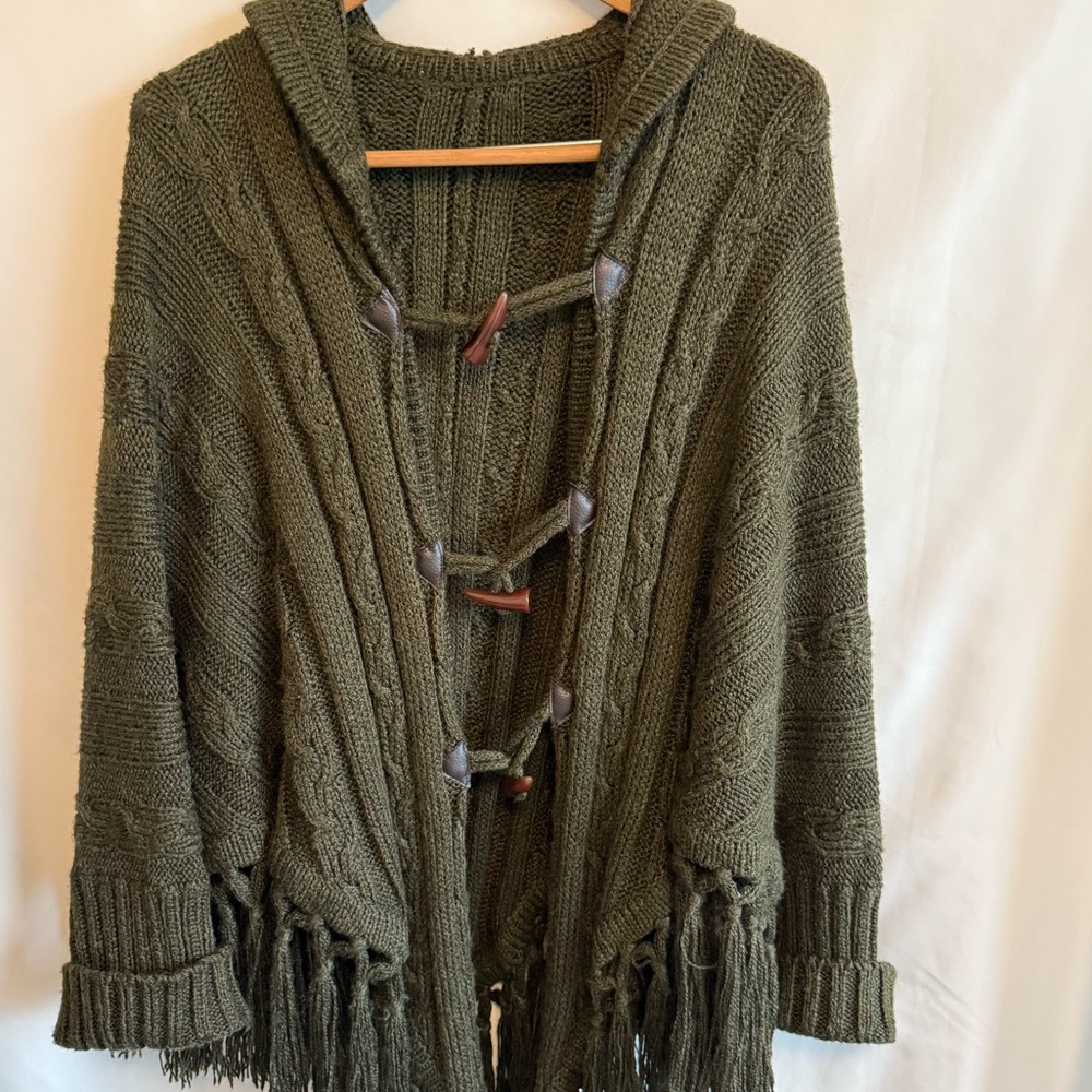 Olive Green Women's Sweater wrap with Fringe